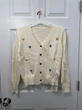 Simple Retro Women’s Vivian V-Neck Contrasting Embroidery Cardigan, S